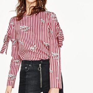 Zara Poplin Red Striped Bow Sleeve Bird Shirt